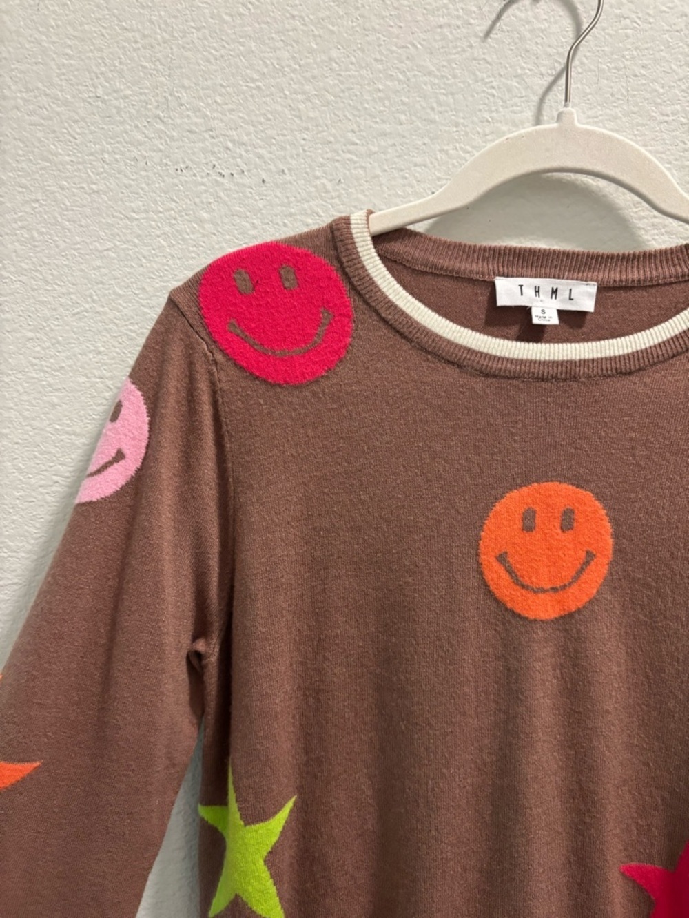 THML Brown Smiley & Star Crewneck Sweater, size S - Picture 2 of 6